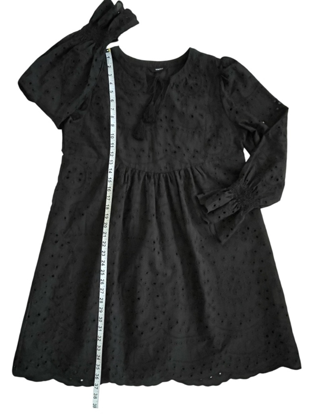 DOKOTOO Woman’s Black Eyelet Tassel Tie Babydoll Dress puff long sleeved lined L - Picture 12 of 13